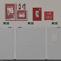 Fire Safety Equipment And Emergency Doors With Green Signs On White Wall