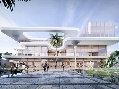 Modern Sales Office Building Architectural Design With Glass Facade Palm Trees And Water Features 3d model