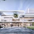 Modern Sales Office Building Architectural Design With Glass Facade Palm Trees And Water Features