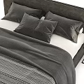 Elegant Gray Bed Setup With Headboard Pillows Striped Bedspread And Nightstand 3d model