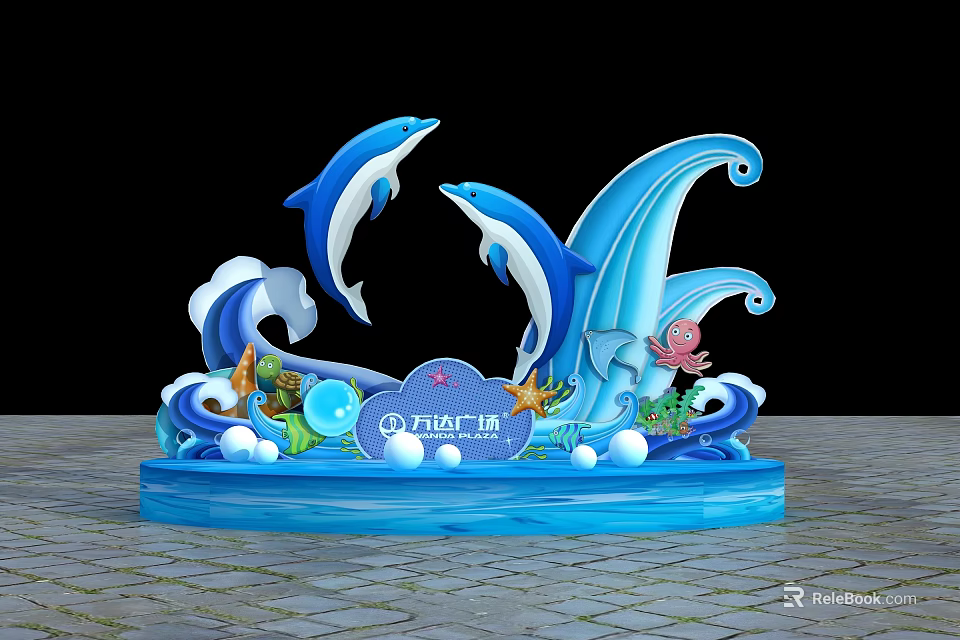 Cartoon Scene With Jumping Dolphins Blue Waves And Wanda Plaza Marine Decor 3d model 