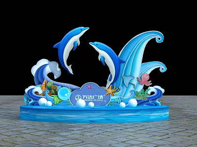 Cartoon Scene With Jumping Dolphins Blue Waves And Wanda Plaza Marine Decor 3d model