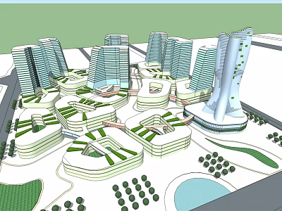 Modern Office Building Complex With Tall Structures Greenery And Open Layout 3d model