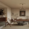 Modern Living Room With Beige Sofa Accent Chairs Coffee Table Chandelier And Decorative Mirror