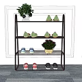 Multi Tiered Metal Shoe Rack With Various Colored Shoes Green Plants And Indoor Home Decor