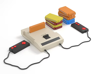 Vintage Entertainment Electronics With Classic Game Console Controllers And Colorful Cartridges 3d model