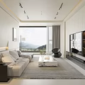 Modern Living and Dining Room Interior Design With Sofa Marble Coffee Table And Artwork