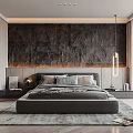 Modern Bedroom Interior with Large Round Floor Lamp Wooden Floor Rug and Bed with Blanket