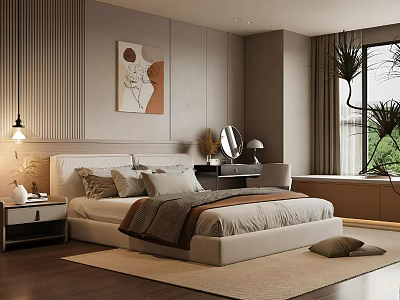 Modern Bedroom With Light Colored Bed Nightstand Decorative Painting Dressing Table And Wooden Floor 3d model