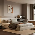 Modern Bedroom With Light Colored Bed Nightstand Decorative Painting Dressing Table And Wooden Floor