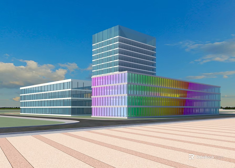 Modern Office Building Complex With Glass Curtain Wall And Colorful Facade Design Structure 3d model 