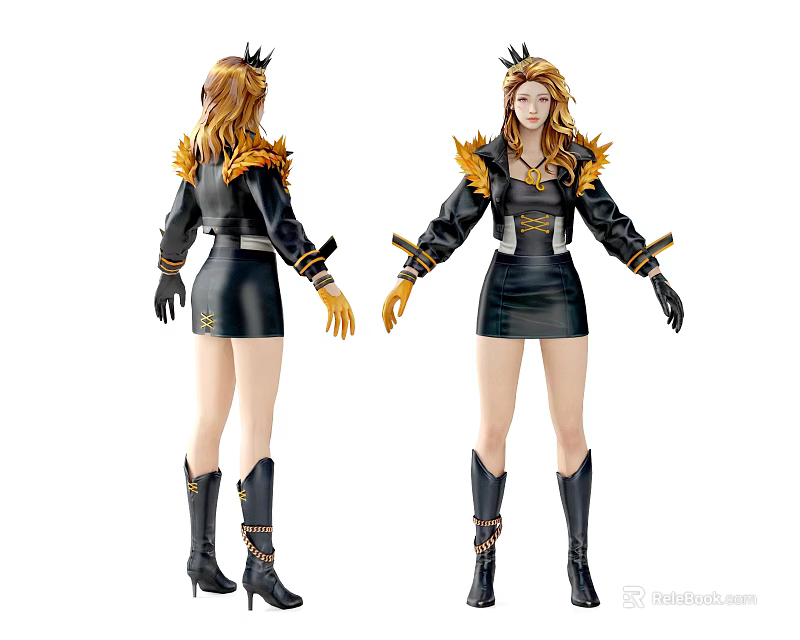 Game Movie Character With Golden Hair Crown Black Gold Outfit Long Boots Front Back Views 3d model 