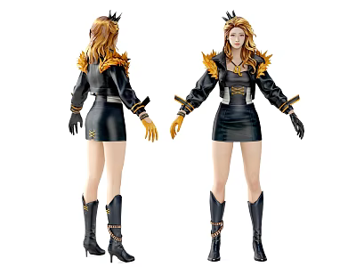 Game Movie Character With Golden Hair Crown Black Gold Outfit Long Boots Front Back Views 3d model