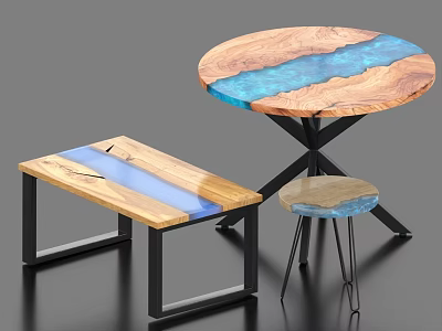 Elegant Coffee Table with Wooden Top Blue Resin Inlay and Black Metal Frame Design 3d model