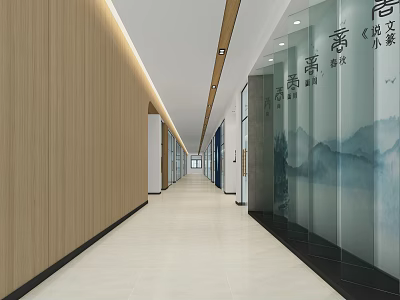 Modern Elevator Hallway With Wooden Walls Glass Partitions Landscape Paintings And Chinese Characters 3d model