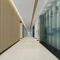 Modern Elevator Hallway With Wooden Walls Glass Partitions Landscape Paintings And Chinese Characters