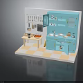 Toy Kitchen Interior Scene With Turquoise Cabinets Small Table And Utensils 3d model