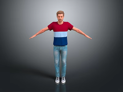 Man Wearing Red and Blue Striped T-shirt Blue Jeans White Sneakers Arms Outstretched Gray Background 3d model