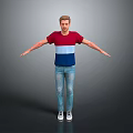 Man Wearing Red and Blue Striped T-shirt Blue Jeans White Sneakers Arms Outstretched Gray Background