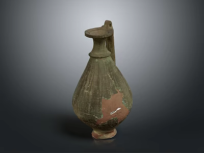 Ancient Worn Carved Ceramic Jug With Handle And Textured Surface Details 3d model