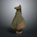 Ancient Worn Carved Ceramic Jug With Handle And Textured Surface Details