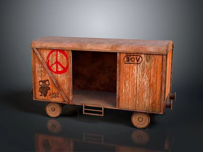 Wooden Entryway Side Cabinet In Train Carriage Style With Peace Sign BOY Lettering And Storage 3d model