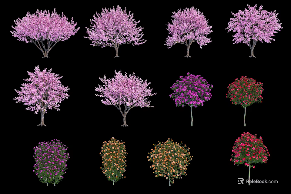Colorful Arbor Trees With Pink Purple Red Orange Blooms And Foliage 3d model 