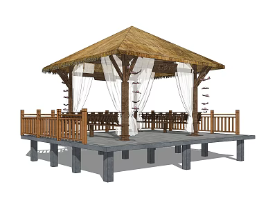 Outdoor Garden Landscape Pavilion With Thatched Roof Wooden Railings And Platform 3d model