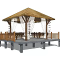 Outdoor Garden Landscape Pavilion With Thatched Roof Wooden Railings And Platform
