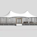 White Tent Style Hotel Building Surrounded by Green Grassland and Trees