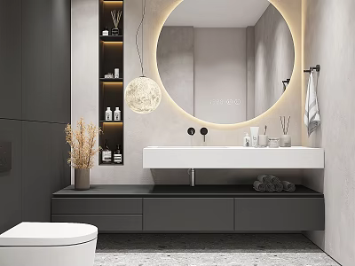 Modern Bathroom Interior With Round Illuminated Mirror Floating Vanity Gray Cabinets And Shelves With Toiletries 3d model