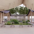 Modern Wooden Landscape Pavilion With Open Design Greenery And Seating Area