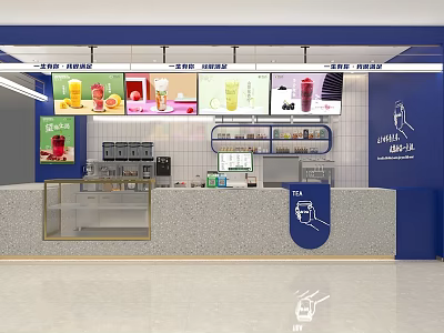 Bright Blue White Bubble Tea Shop Interior With Menu Display Counter And Drink 3d model