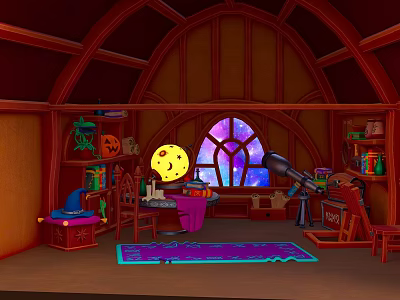 Indoor Scene With Arched Wooden Ceiling Stained Glass Window Moon Decoration Bookshelf Telescope Purple Rug 3d model