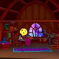 Indoor Scene With Arched Wooden Ceiling Stained Glass Window Moon Decoration Bookshelf Telescope Purple Rug