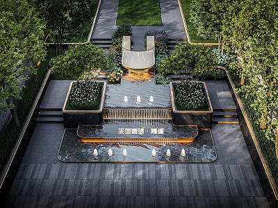 Elegant Garden Ornament Design With Water Feature Fountain Green Plants And Stone Steps 3d model