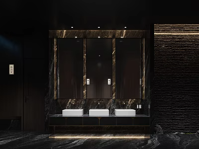 Modern Public Restroom Interior With Marble Washbasins Mirrored Walls And Ambient Lighting 3d model