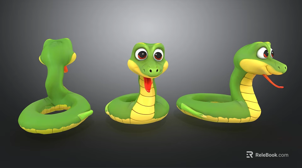 Cartoon Reptile Snake Green Body With Yellow Belly And Different Expressions Including Tongue Out 3d model 