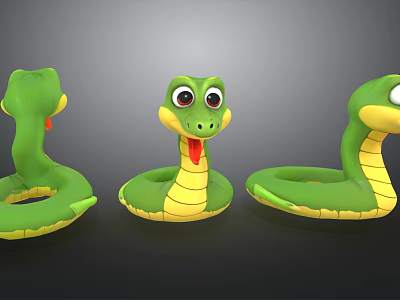 Cartoon Reptile Snake Green Body With Yellow Belly And Different Expressions Including Tongue Out 3d model