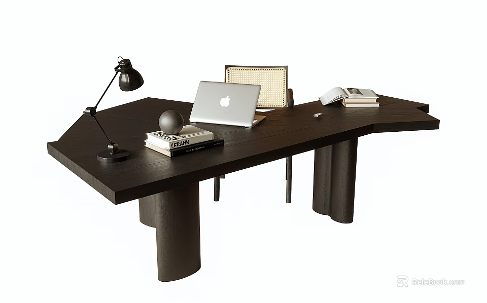 Modern Stylish Dark Desk With Black Lamp Laptop Books And Decorative Sphere 3d model 