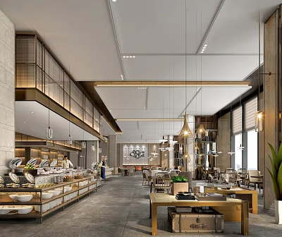 Elegant Modern Hotel Lobby With Spacious Layout Pendant Lights And Wooden Dining Tables 3d model