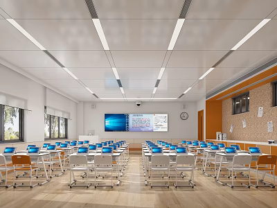 Modern School Classroom With Laptops On Desks Large Screen Bulletin Boards And Bright Windows 3d model