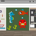Green Background Wall With Lego Sea Creatures Seahorse Fish Crab And Nearby Pegboard Chalkboard