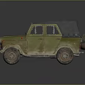 Vintage Olive Green Military Jeep With Weathered Body And Canvas Top
