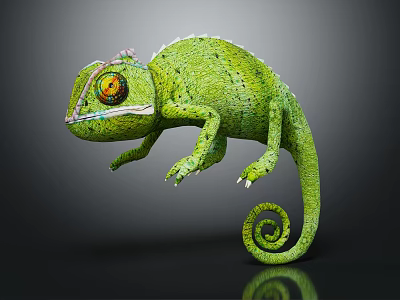Green Chameleon With Coiled Tail Large Vibrant Eyes On Dark Background Showing Reflection 3d model