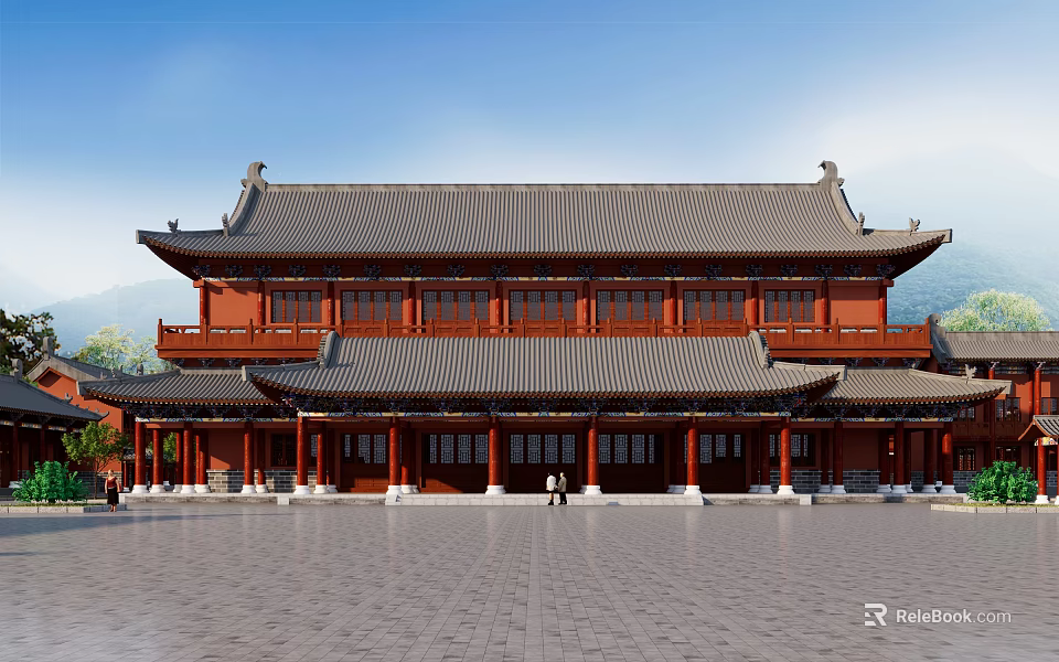 Traditional Ancient Chinese Architecture With Red Walls Black Tile Roofs And Front Plaza 3d model 