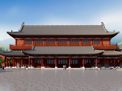 Traditional Ancient Chinese Architecture With Red Walls Black Tile Roofs And Front Plaza 3d model