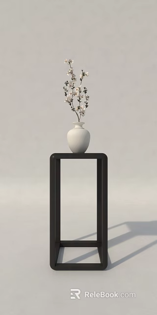 Elegant Decorative Ornament Set With White Vase And Small White Flowers On Black Stand 3d model 