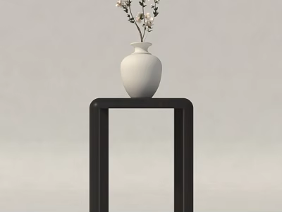 Elegant Decorative Ornament Set With White Vase And Small White Flowers On Black Stand 3d model