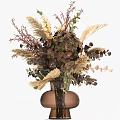 Natural Dried Flower Arrangement In Brown Vase With Green Leaves And Decorative Grasses